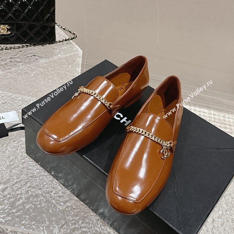 Chanel Shiny Calfskin Loafers with Chain CC Brown 2024 0424 (MD-240424195)