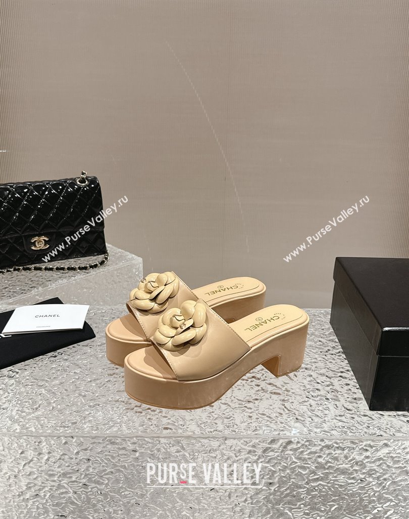 Chanel Camellia Bloom Lambskin Wedge Platform Slide Sandals 6.5cm Beige 2024 0424 (MD-240424188)