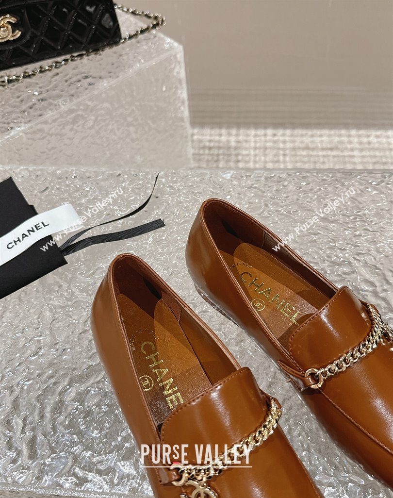 Chanel Shiny Calfskin Loafers with Chain CC Brown 2024 0424 (MD-240424195)