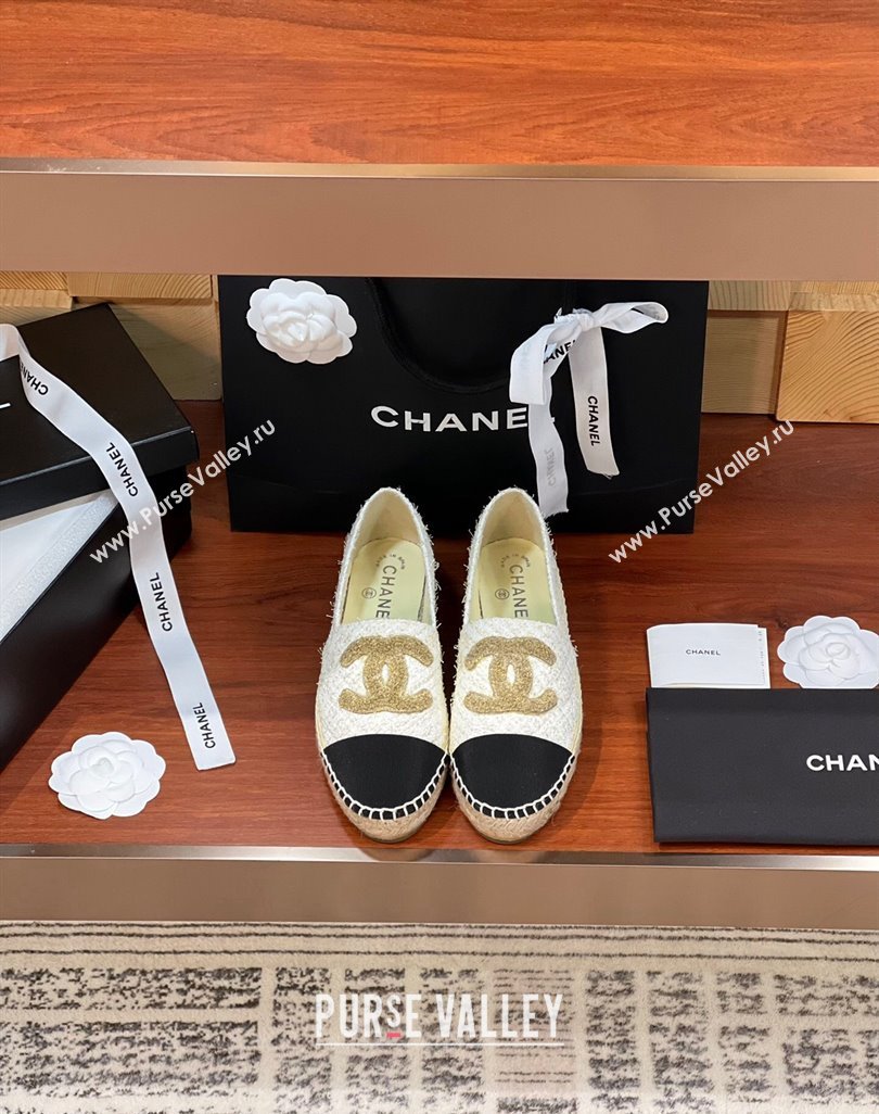 Chanel Tweed Grosgrain Espadrilles Flat G29762 White/Gold/Black 2024 (KL-240425019)