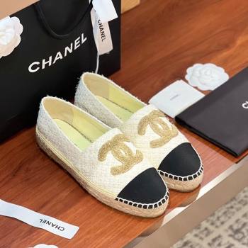 Chanel Tweed Grosgrain Espadrilles Flat G29762 White/Gold/Black 2024 (KL-240425019)