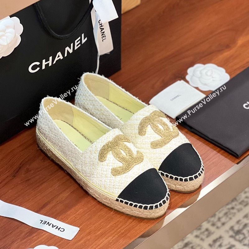 Chanel Tweed Grosgrain Espadrilles Flat G29762 White/Gold/Black 2024 (KL-240425019)