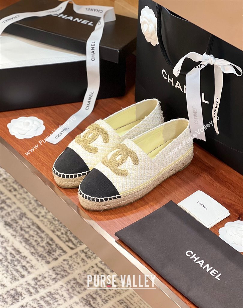 Chanel Tweed Grosgrain Espadrilles Flat G29762 White/Gold/Black 2024 (KL-240425019)