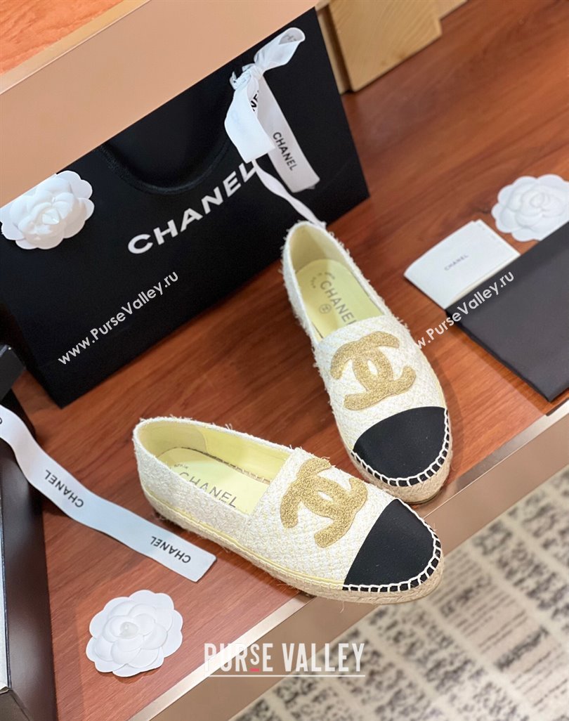 Chanel Tweed Grosgrain Espadrilles Flat G29762 White/Gold/Black 2024 (KL-240425019)
