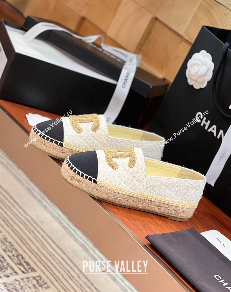 Chanel Tweed Grosgrain Espadrilles Flat G29762 White/Gold/Black 2024 (KL-240425019)