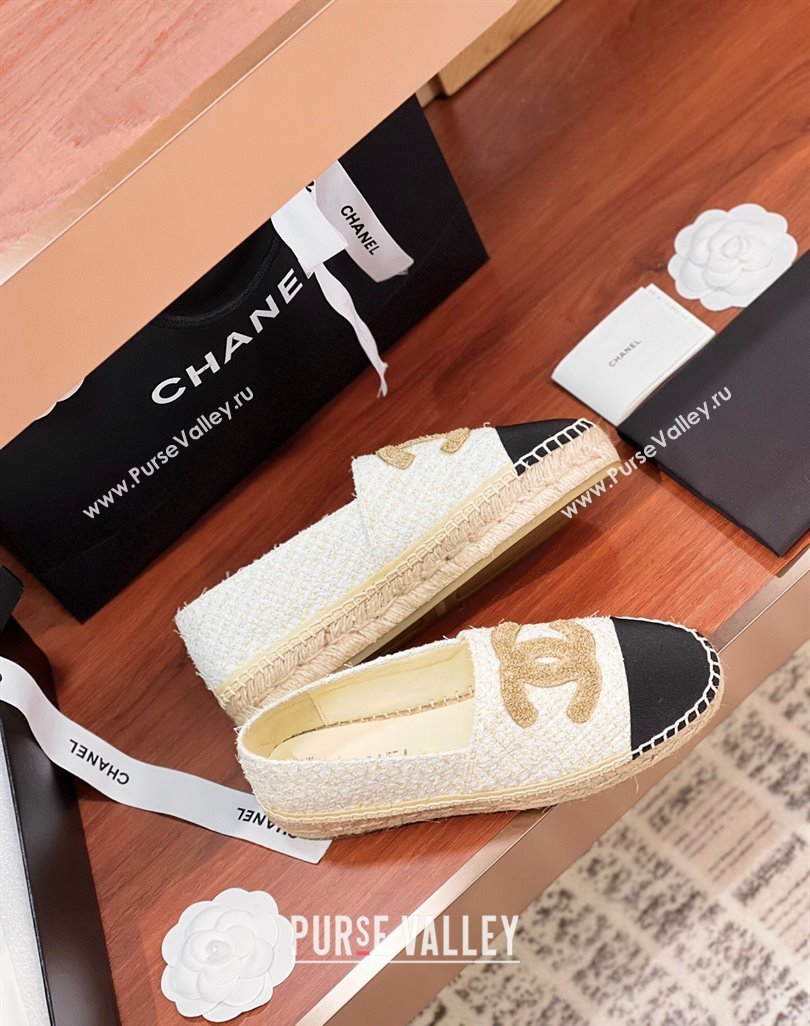 Chanel Tweed Grosgrain Espadrilles Flat G29762 White/Gold/Black 2024 (KL-240425019)