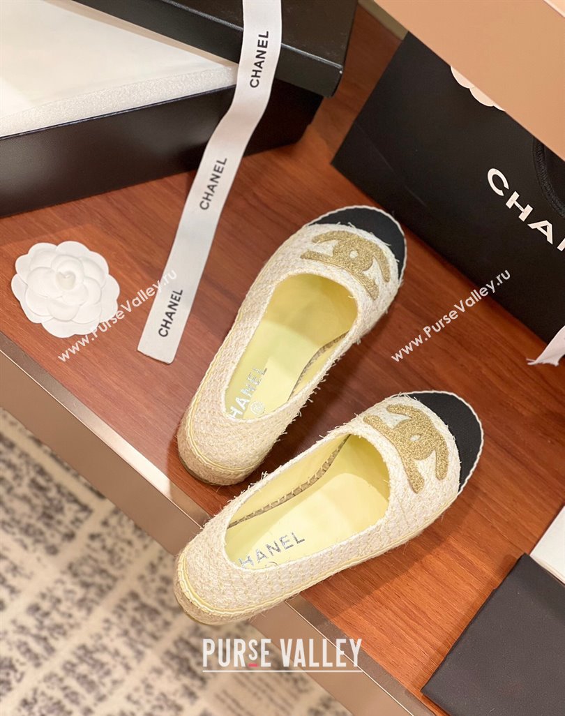 Chanel Tweed Grosgrain Espadrilles Flat G29762 White/Gold/Black 2024 (KL-240425019)