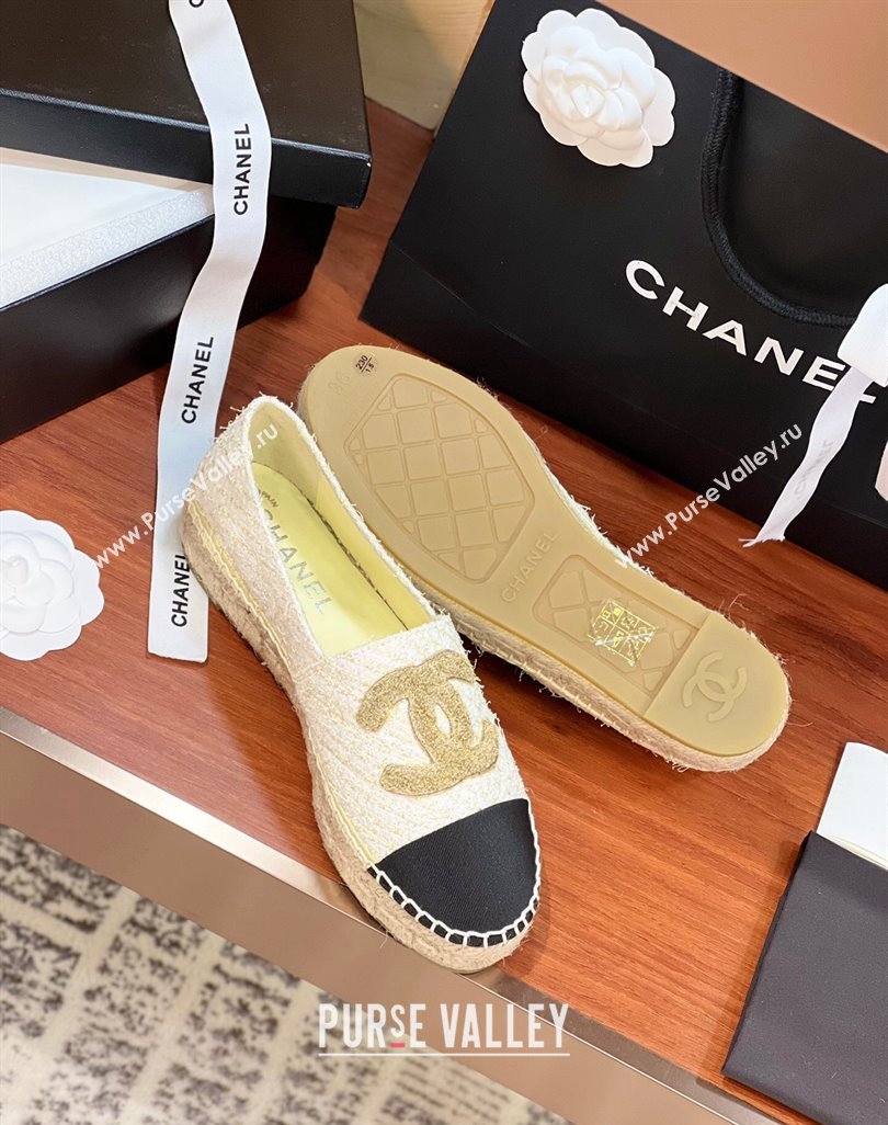 Chanel Tweed Grosgrain Espadrilles Flat G29762 White/Gold/Black 2024 (KL-240425019)
