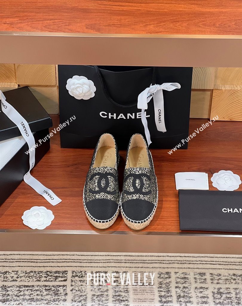 Chanel Tweed Grosgrain Espadrilles Flat G29762 Black/Gold 2 2024 (KL-240425022)