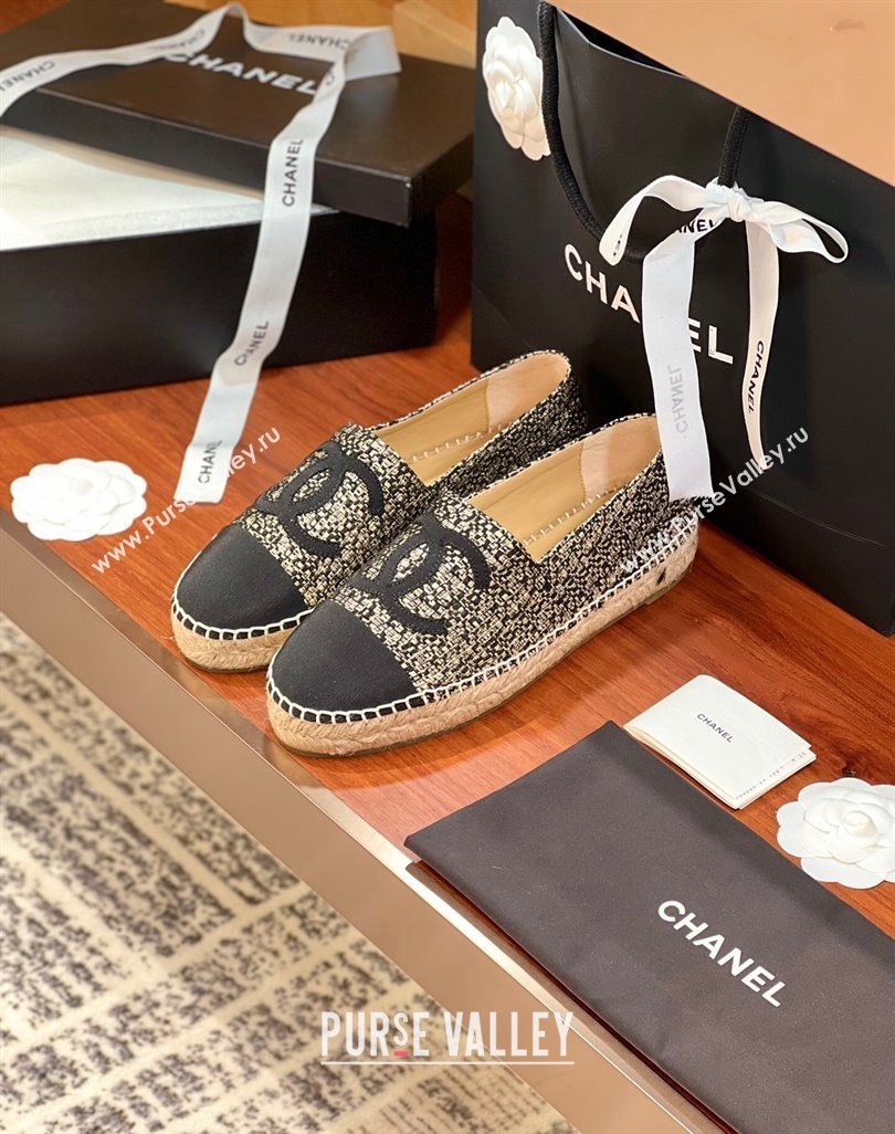 Chanel Tweed Grosgrain Espadrilles Flat G29762 Black/Gold 2 2024 (KL-240425022)