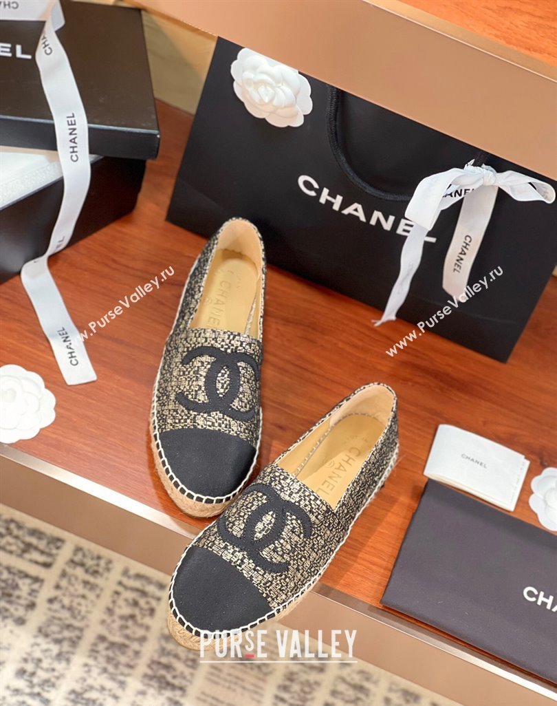 Chanel Tweed Grosgrain Espadrilles Flat G29762 Black/Gold 2 2024 (KL-240425022)