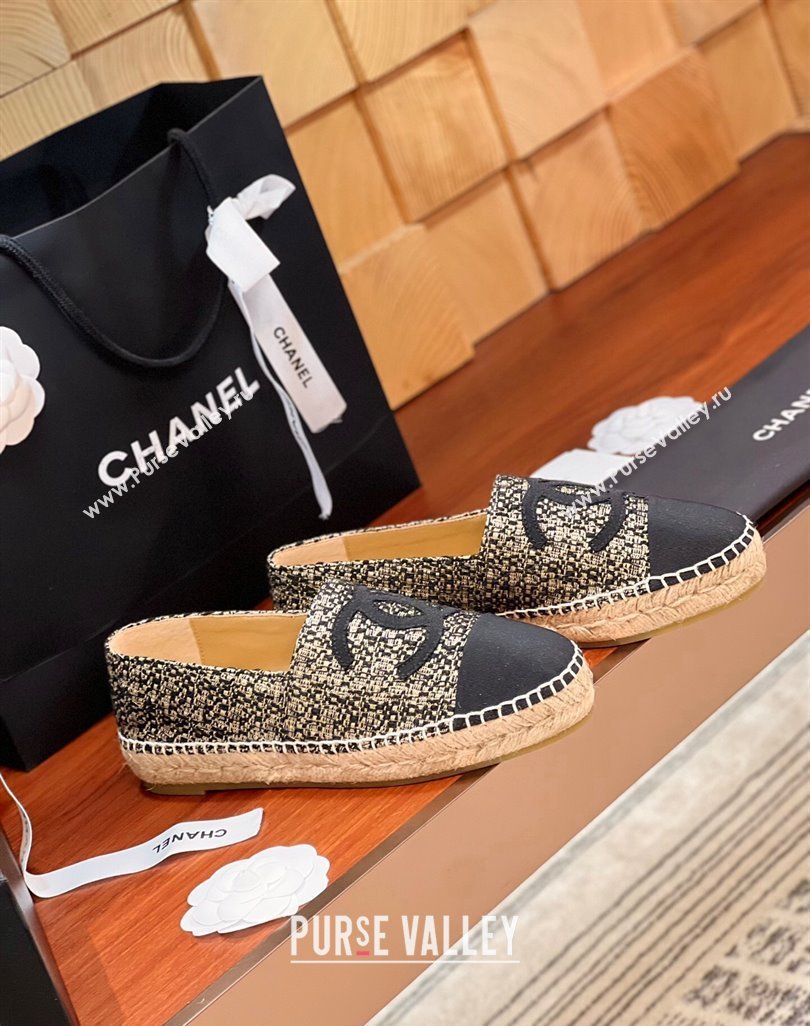 Chanel Tweed Grosgrain Espadrilles Flat G29762 Black/Gold 2 2024 (KL-240425022)