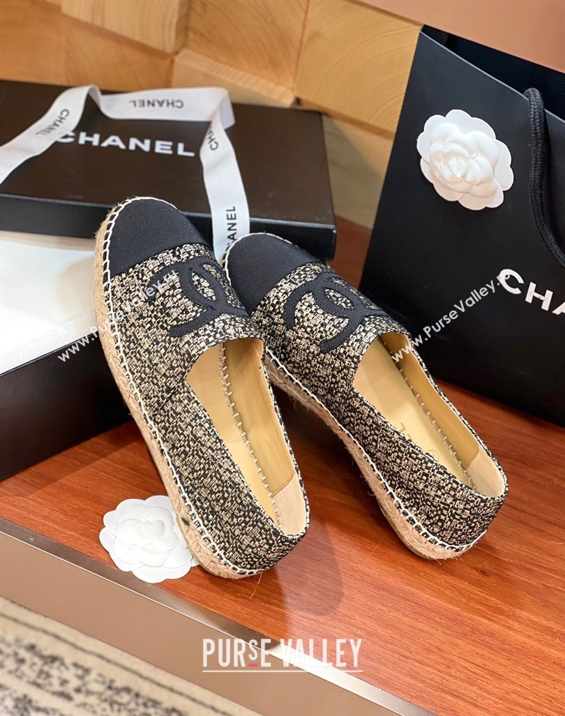 Chanel Tweed Grosgrain Espadrilles Flat G29762 Black/Gold 2 2024 (KL-240425022)