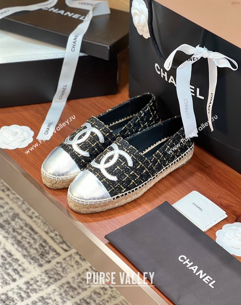 Chanel Tweed Lambskin Espadrilles Flat G29762 Black/Gold/Silver 2024 (KL-240425024)