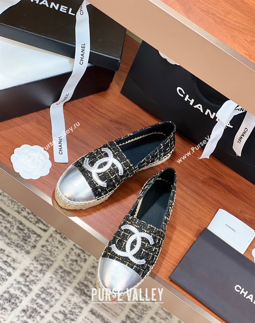 Chanel Tweed Lambskin Espadrilles Flat G29762 Black/Gold/Silver 2024 (KL-240425024)