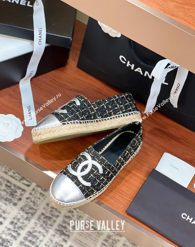 Chanel Tweed Lambskin Espadrilles Flat G29762 Black/Gold/Silver 2024 (KL-240425024)