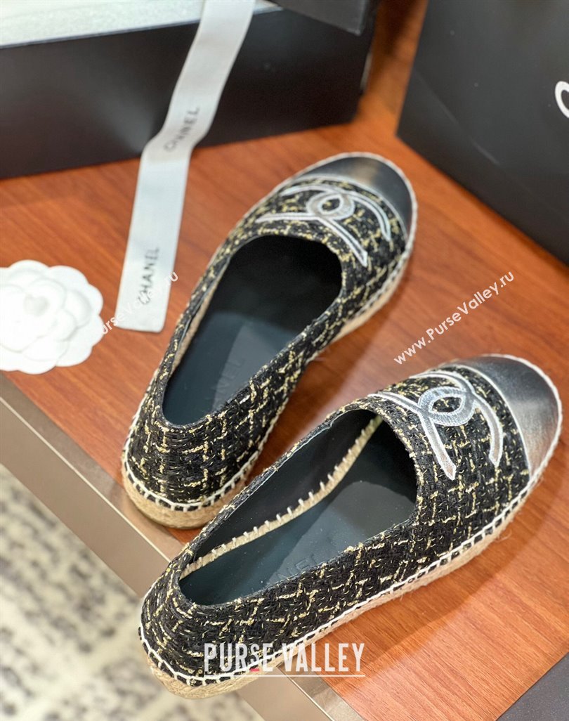 Chanel Tweed Lambskin Espadrilles Flat G29762 Black/Gold/Silver 2024 (KL-240425024)