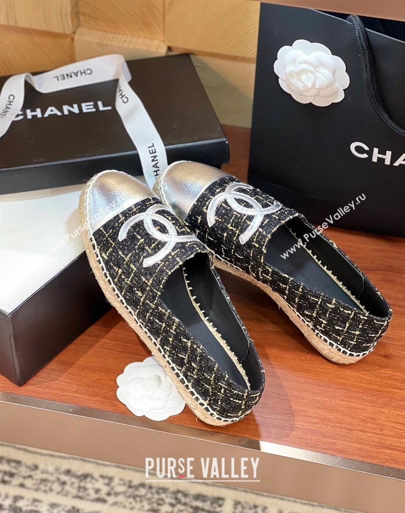 Chanel Tweed Lambskin Espadrilles Flat G29762 Black/Gold/Silver 2024 (KL-240425024)