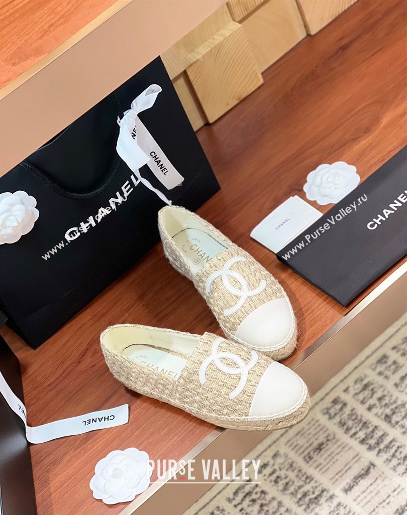 Chanel Tweed Lambskin Espadrilles Flat G29762 Beige/White 2024 (KL-240425025)