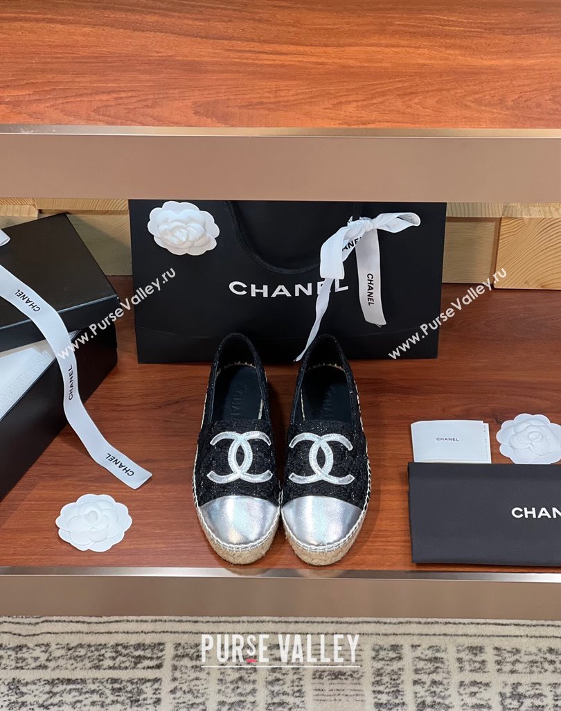 Chanel Tweed Lambskin Espadrilles Flat G29762 Black/Silver 3 2024 (KL-240425026)
