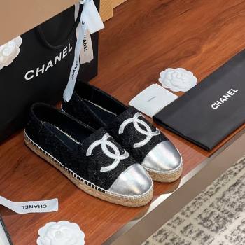 Chanel Tweed Lambskin Espadrilles Flat G29762 Black/Silver 3 2024 (KL-240425026)