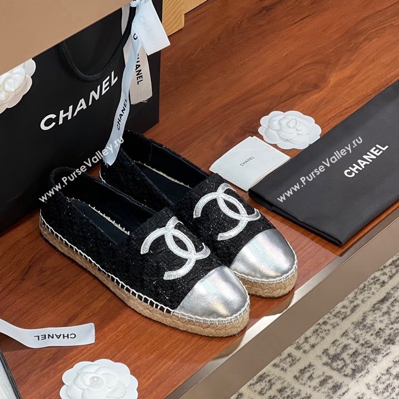 Chanel Tweed Lambskin Espadrilles Flat G29762 Black/Silver 3 2024 (KL-240425026)