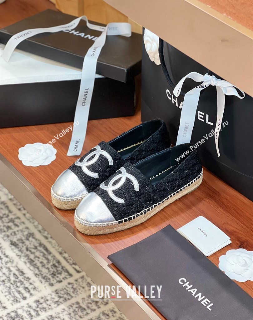 Chanel Tweed Lambskin Espadrilles Flat G29762 Black/Silver 3 2024 (KL-240425026)