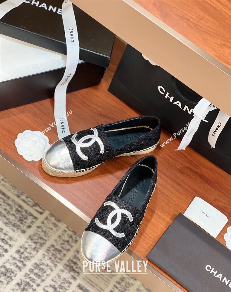 Chanel Tweed Lambskin Espadrilles Flat G29762 Black/Silver 3 2024 (KL-240425026)