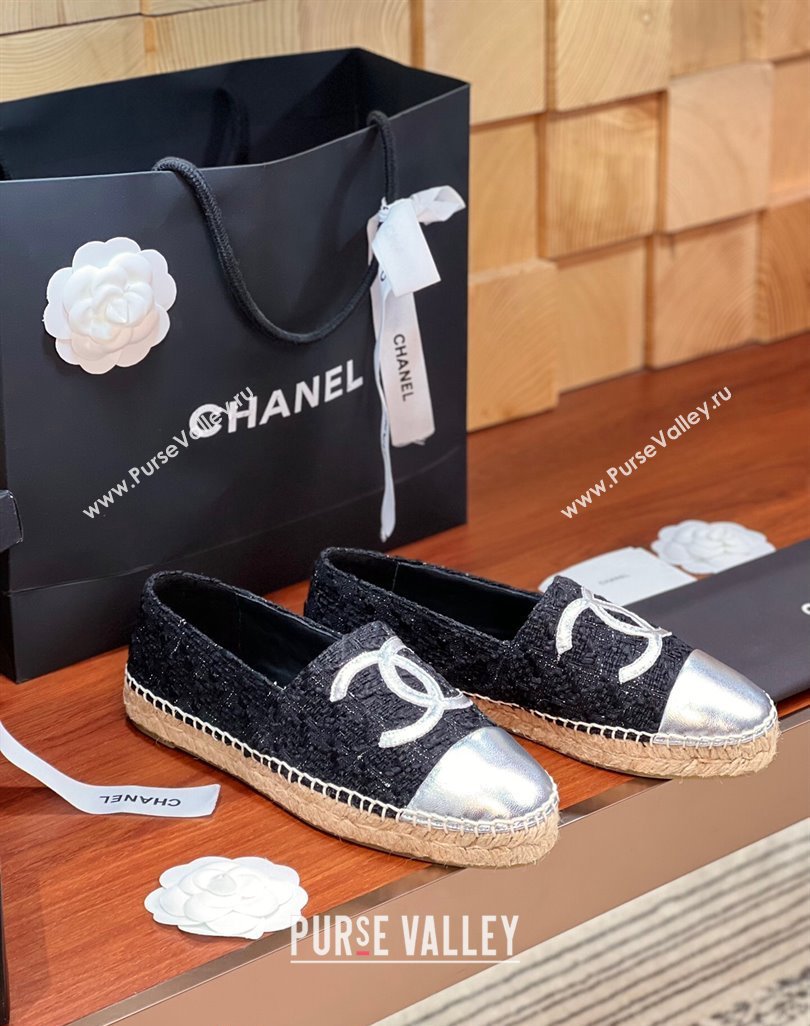 Chanel Tweed Lambskin Espadrilles Flat G29762 Black/Silver 3 2024 (KL-240425026)