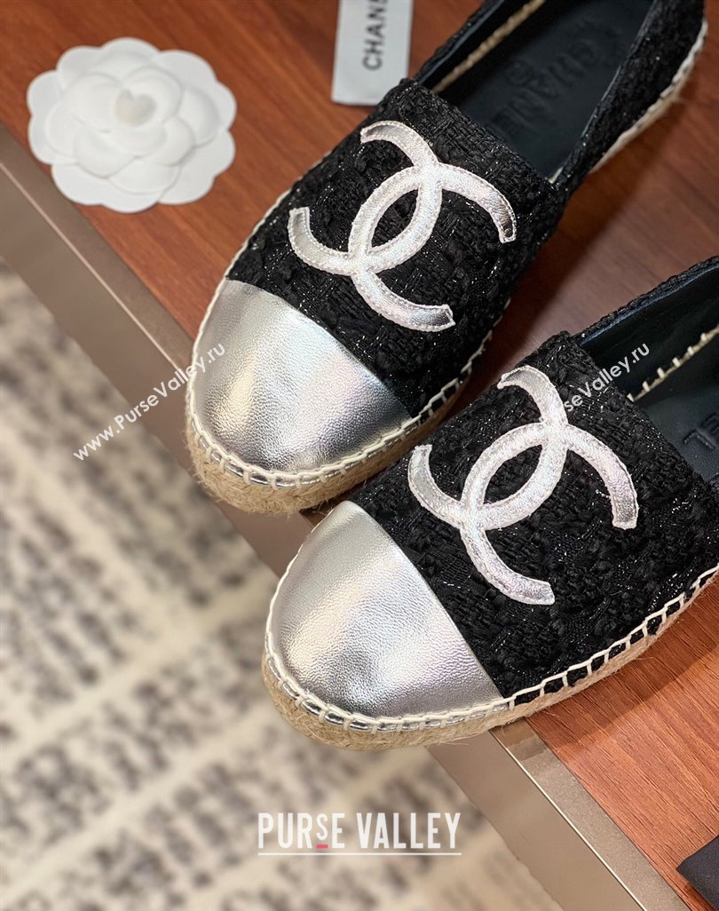 Chanel Tweed Lambskin Espadrilles Flat G29762 Black/Silver 3 2024 (KL-240425026)