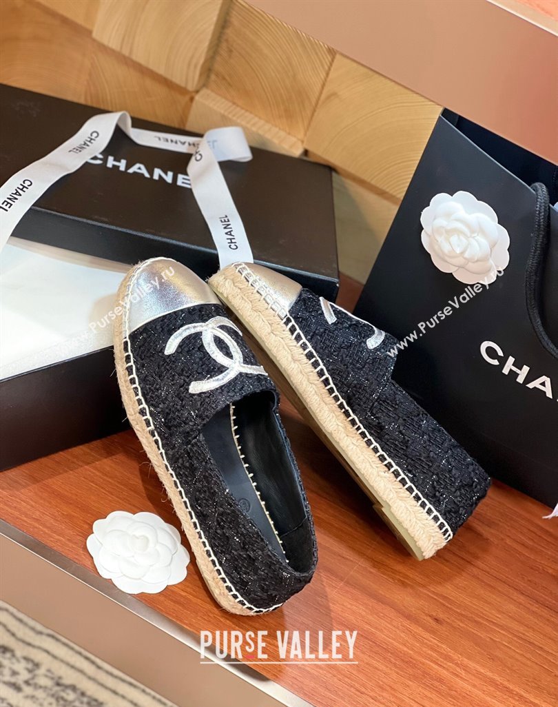 Chanel Tweed Lambskin Espadrilles Flat G29762 Black/Silver 3 2024 (KL-240425026)