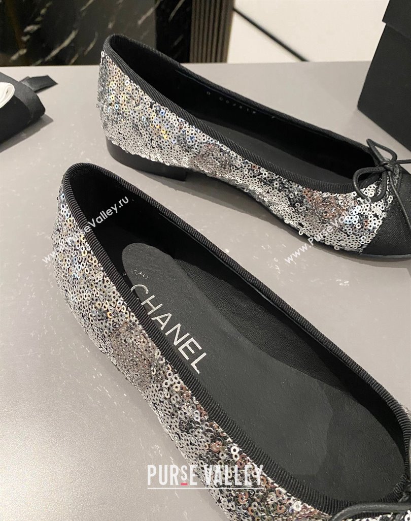 Chanel Sequins Grosgrain Ballet Flat with Bow G45591 Silver 2024 (MD-240423133)
