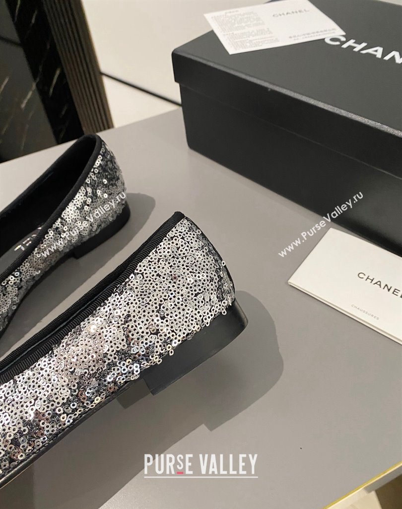 Chanel Sequins Grosgrain Ballet Flat with Bow G45591 Silver 2024 (MD-240423133)