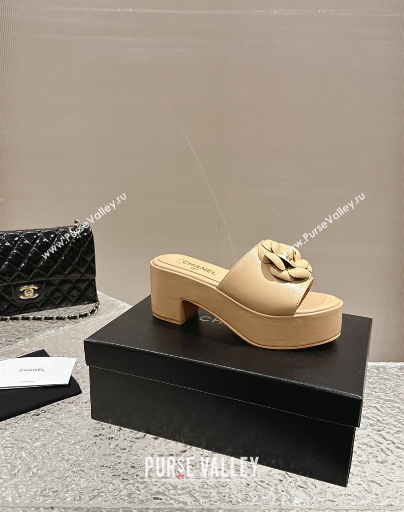 Chanel Camellia Bloom Lambskin Wedge Platform Slide Sandals 6.5cm Beige 2024 0424 (MD-240424188)