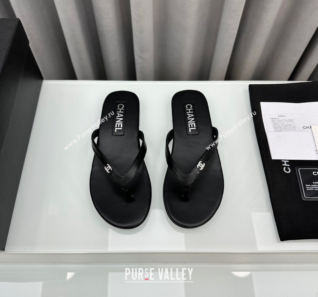 Chanel Lambskin Flat Thong Slide Sandals with Crystal CC G45716 Black 2024 (MD-240425038)