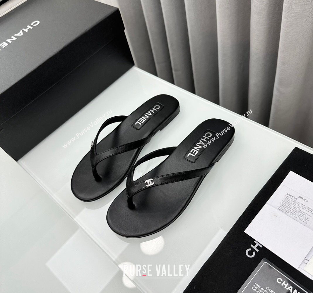 Chanel Lambskin Flat Thong Slide Sandals with Crystal CC G45716 Black 2024 (MD-240425038)