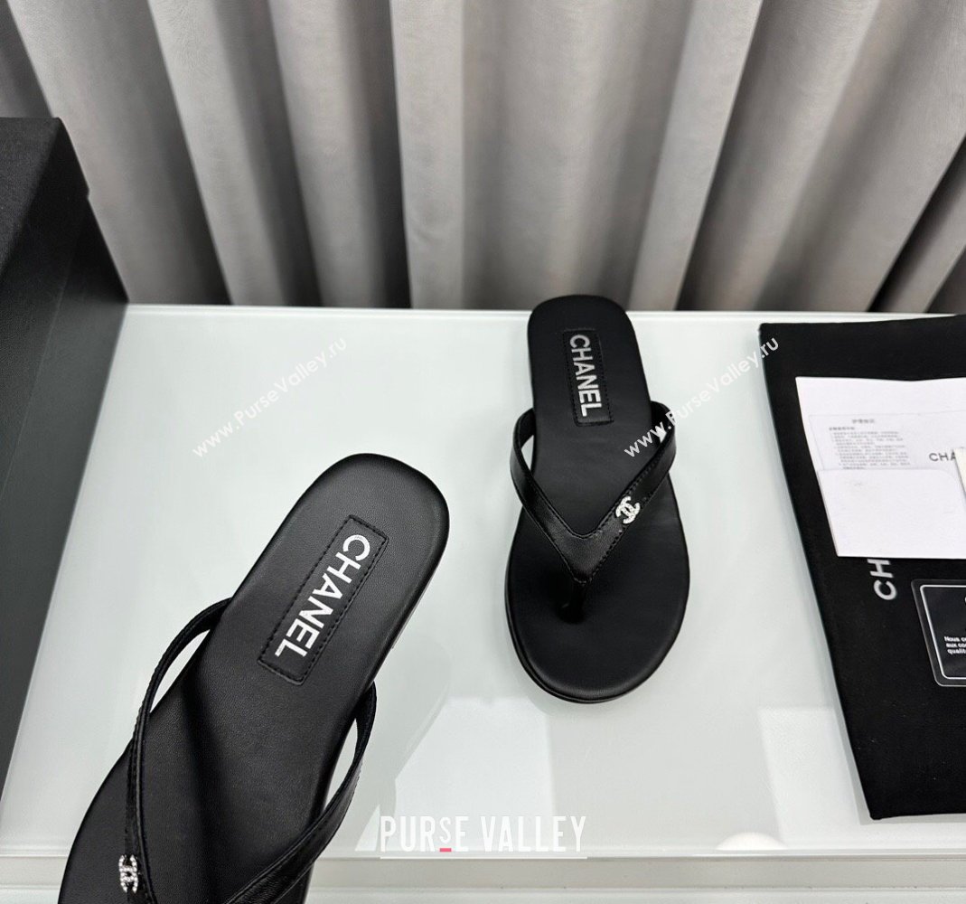 Chanel Lambskin Flat Thong Slide Sandals with Crystal CC G45716 Black 2024 (MD-240425038)