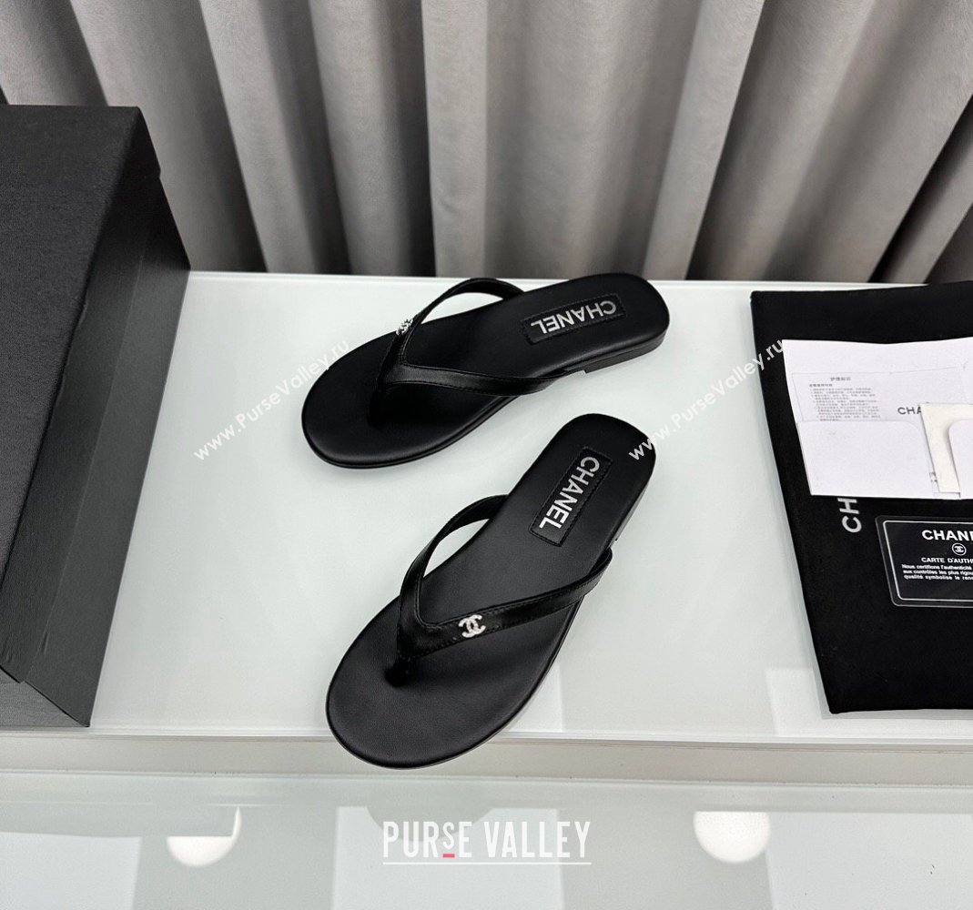Chanel Lambskin Flat Thong Slide Sandals with Crystal CC G45716 Black 2024 (MD-240425038)