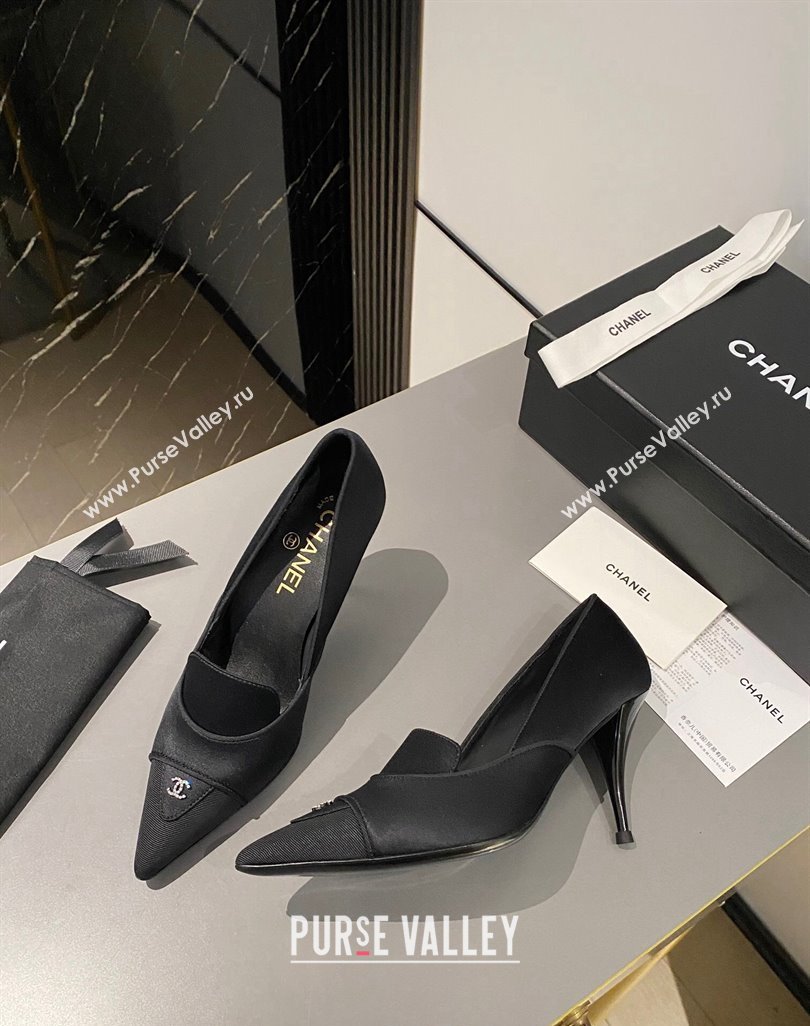 Chanel Satin Pointed Pumps 7.5cm Black 2024 032202 (MD-240424021)