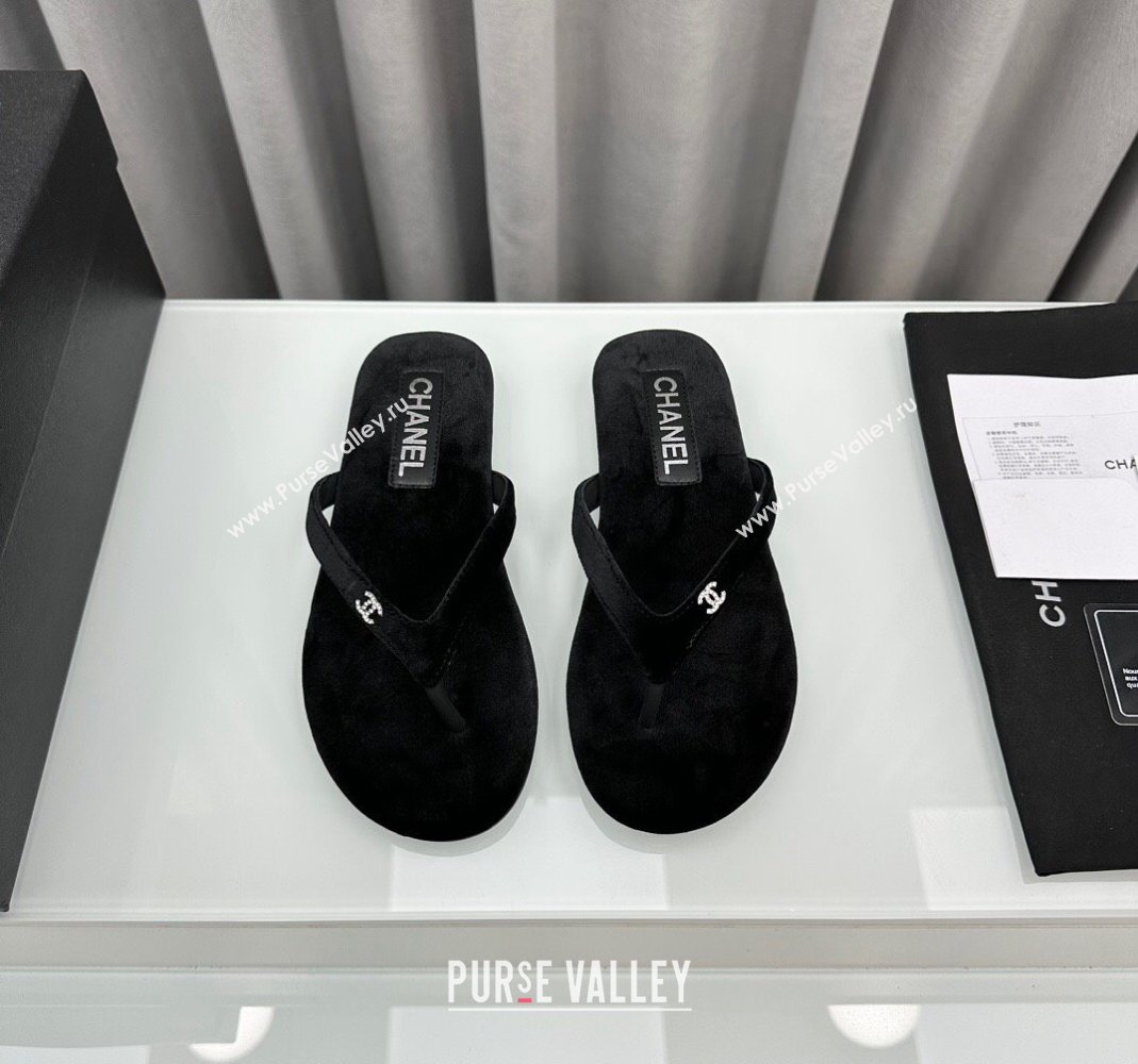 Chanel Velvet Flat Thong Slide Sandals with Crystal CC G45716 Black 2024 (MD-240425041)