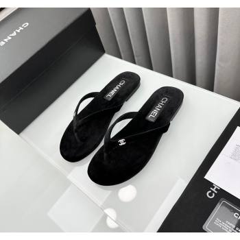 Chanel Velvet Flat Thong Slide Sandals with Crystal CC G45716 Black 2024 (MD-240425041)