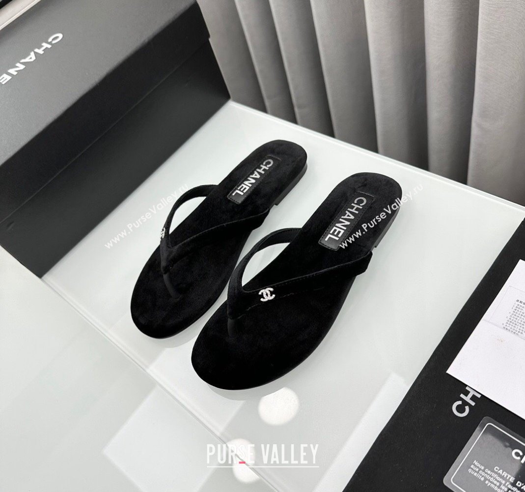Chanel Velvet Flat Thong Slide Sandals with Crystal CC G45716 Black 2024 (MD-240425041)