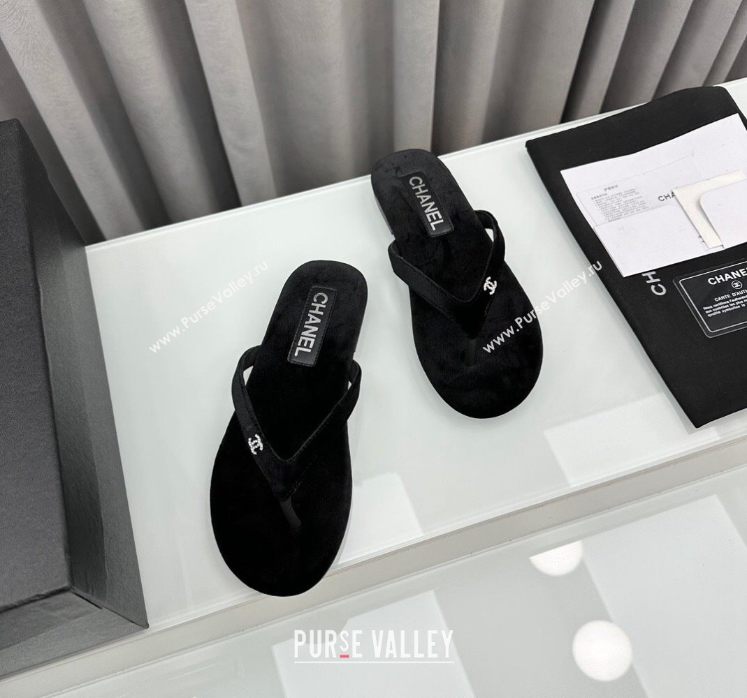 Chanel Velvet Flat Thong Slide Sandals with Crystal CC G45716 Black 2024 (MD-240425041)