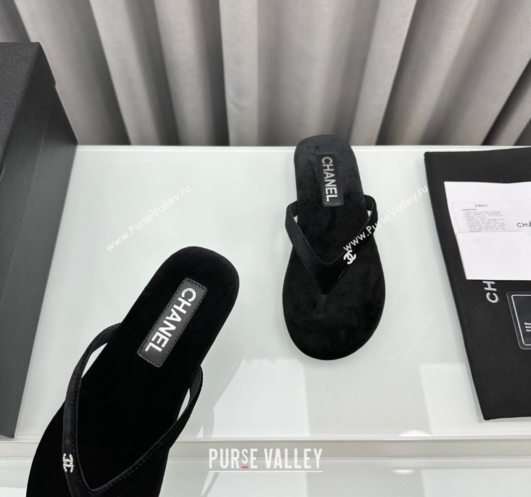 Chanel Velvet Flat Thong Slide Sandals with Crystal CC G45716 Black 2024 (MD-240425041)