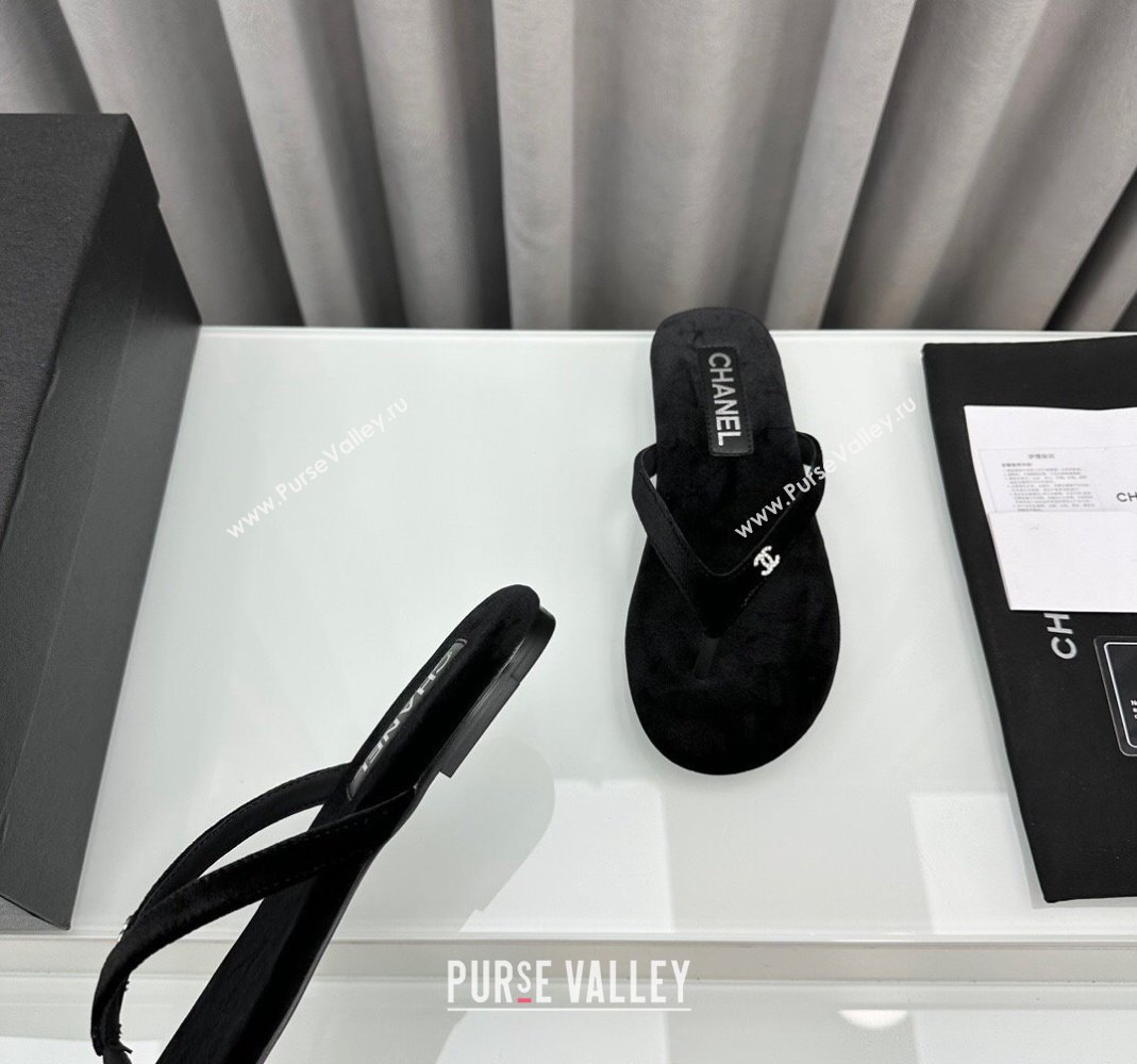 Chanel Velvet Flat Thong Slide Sandals with Crystal CC G45716 Black 2024 (MD-240425041)
