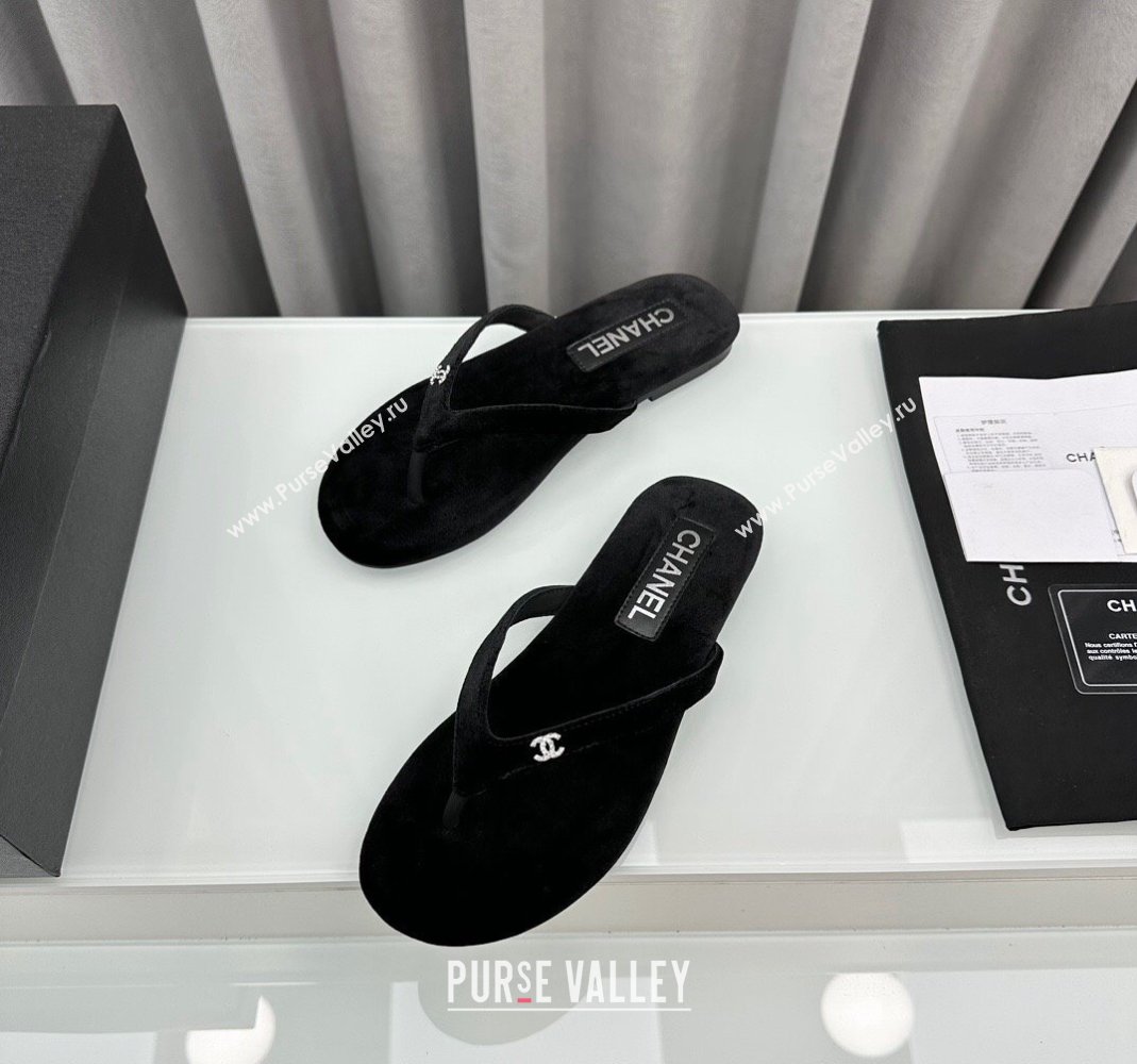 Chanel Velvet Flat Thong Slide Sandals with Crystal CC G45716 Black 2024 (MD-240425041)