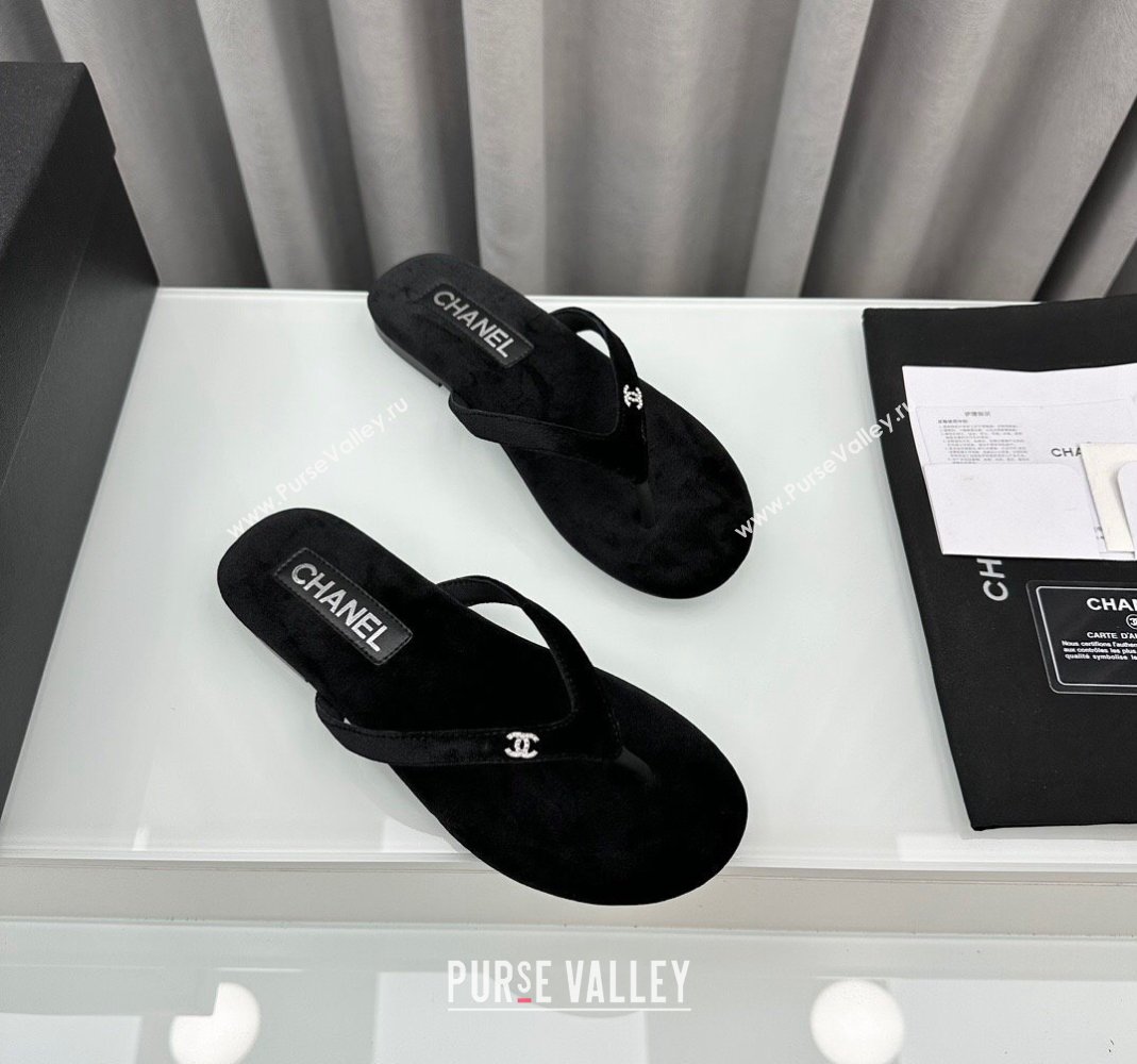 Chanel Velvet Flat Thong Slide Sandals with Crystal CC G45716 Black 2024 (MD-240425041)