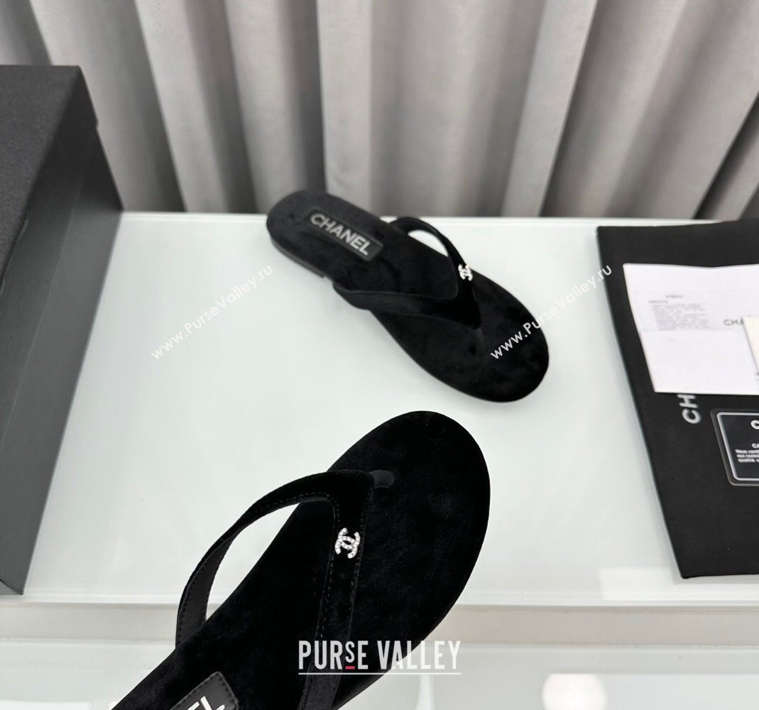 Chanel Velvet Flat Thong Slide Sandals with Crystal CC G45716 Black 2024 (MD-240425041)