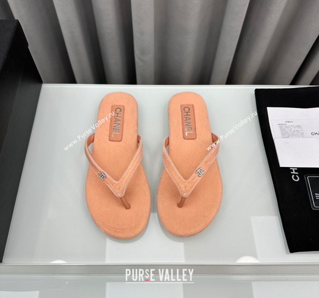 Chanel Velvet Flat Thong Slide Sandals with Crystal CC G45716 Peachy Pink 2024 (MD-240425042)