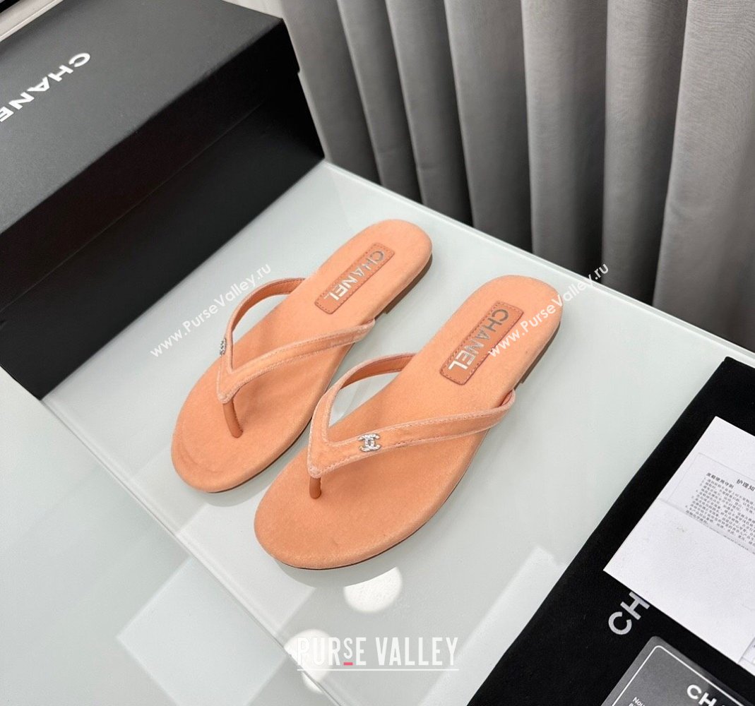 Chanel Velvet Flat Thong Slide Sandals with Crystal CC G45716 Peachy Pink 2024 (MD-240425042)